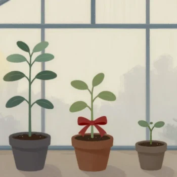 Gouache painting of three seedlings at different heights with a vermilion ribbon on the middle one