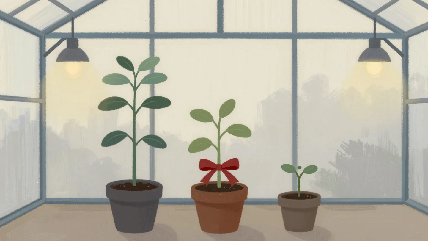Gouache painting of three seedlings at different heights with a vermilion ribbon on the middle one