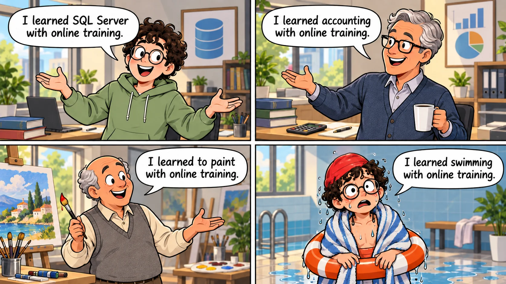 Four panel cartoon: three proud learners say I learned SQL Server with online training, I learned accounting with online training and I learned to paint with online training; in the last panel a soaked developer in a towel, swim cap and life ring says I learned swimming with online training