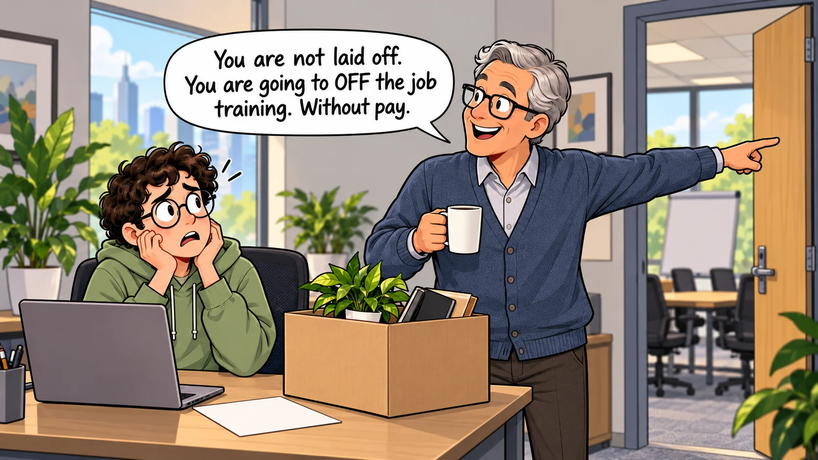 Cartoon: a worried developer sits at a desk next to a packed cardboard box with a small plant while the team lead points at the door with a big false smile and says You are not laid off. You are going to OFF the job training. Without pay.