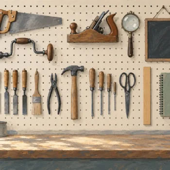 Gouache painting of a workshop pegboard holding many different tools in neat outlines, a hand plane, a magnifying glass, a small blank chalkboard, a ruler and a sketchbook, with one vermilion mallet standing out