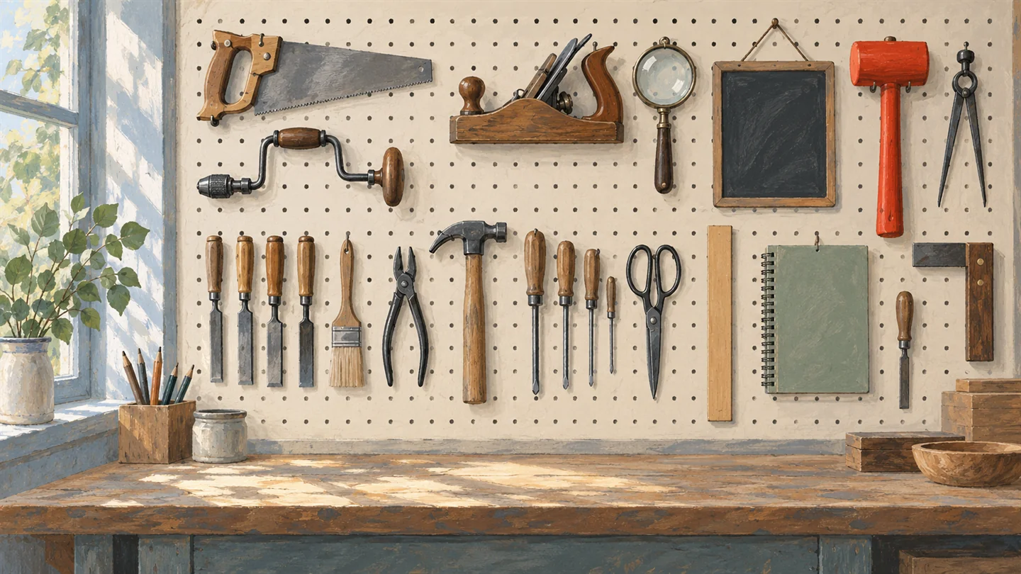 Gouache painting of a workshop pegboard holding many different tools in neat outlines, a hand plane, a magnifying glass, a small blank chalkboard, a ruler and a sketchbook, with one vermilion mallet standing out