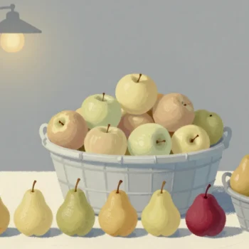 Gouache painting of baskets of apples and pears with a line of leftover apples, one of them vermilion