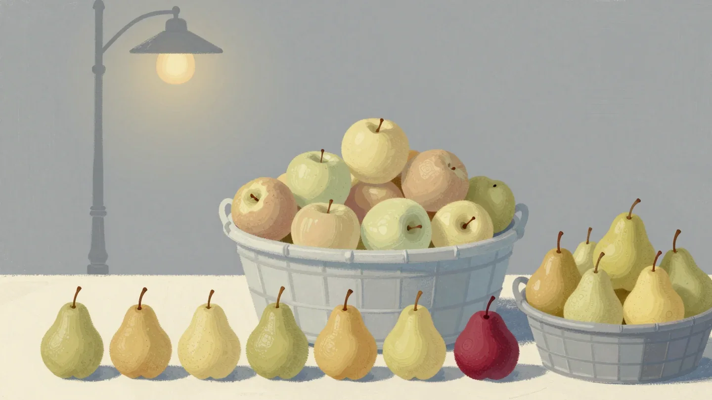 Gouache painting of baskets of apples and pears with a line of leftover apples, one of them vermilion