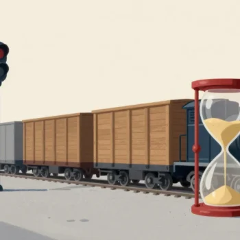 Gouache painting of a short freight train waiting in a yard beside a big vermilion hourglass