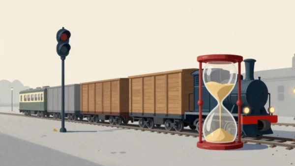 Gouache painting of a short freight train waiting in a yard beside a big vermilion hourglass