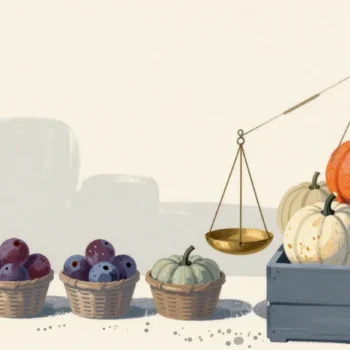 Gouache painting of a market stall balance scale pulled down by a crate of heavy pumpkins, one vermilion