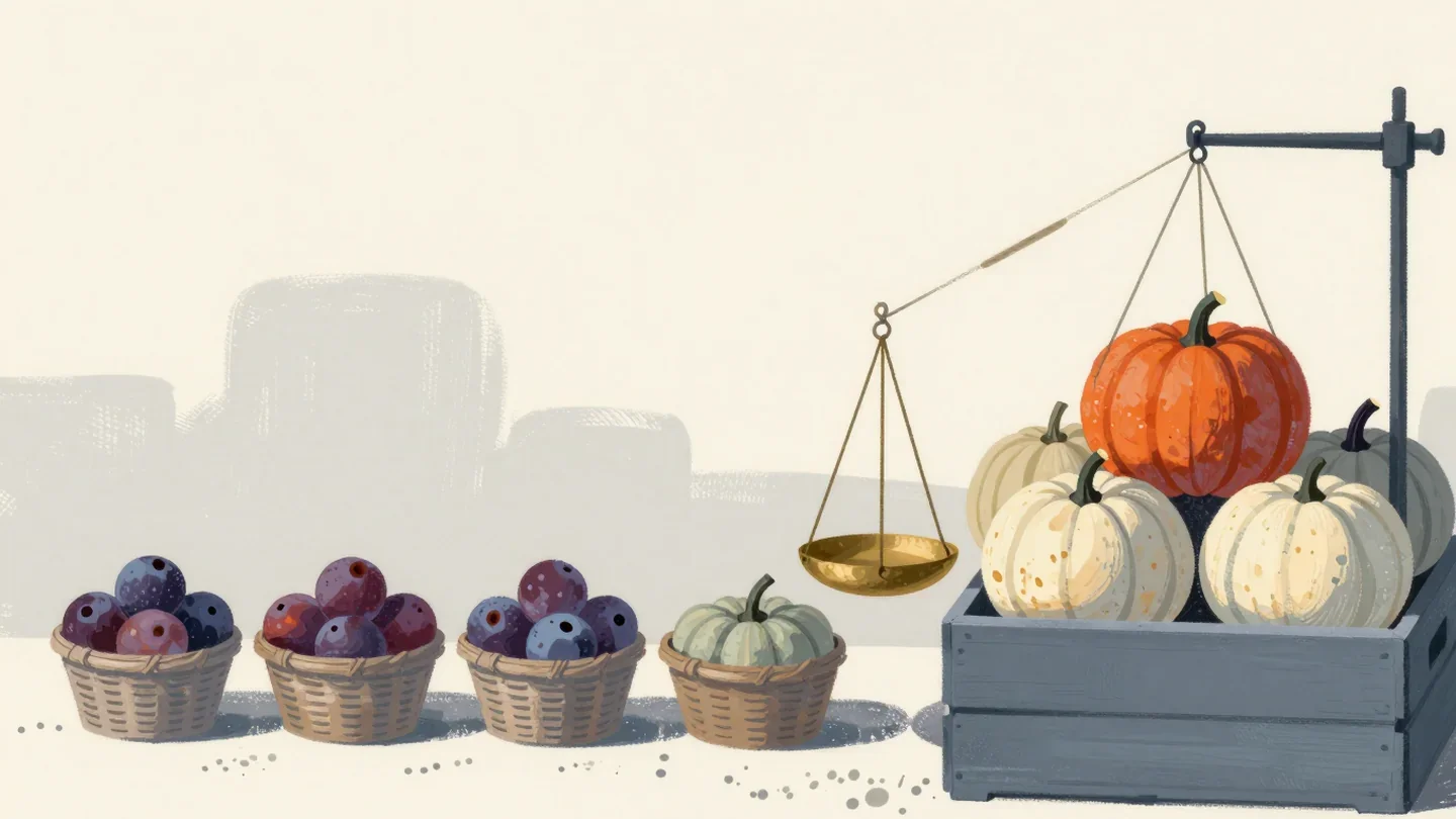 Gouache painting of a market stall balance scale pulled down by a crate of heavy pumpkins, one vermilion