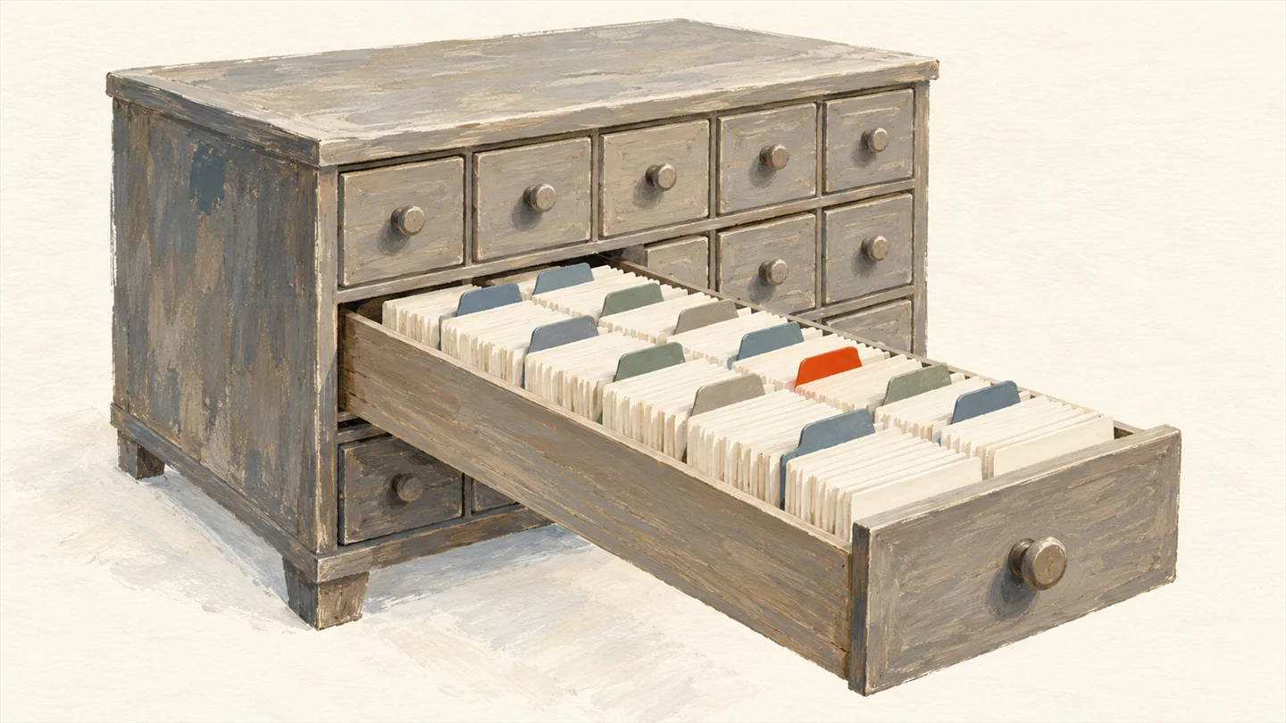 Gouache painting of a wooden library card catalog with one long drawer pulled open, its cards standing in neat order, one tab in vermilion