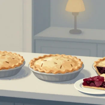 Gouache painting of three whole pies and one separated slice in vermilion on a small plate