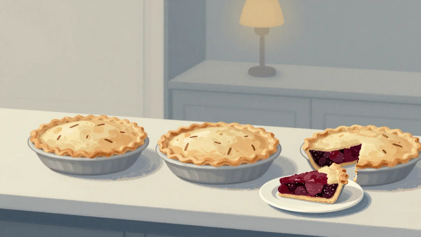 Gouache painting of three whole pies and one separated slice in vermilion on a small plate