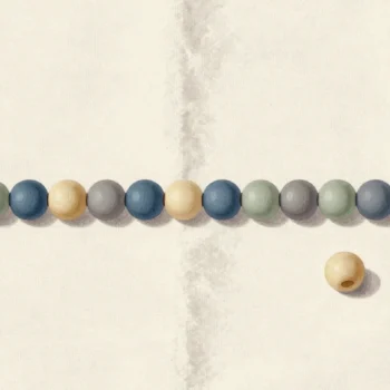 Gouache painting of a row of wooden beads on linen ending in a small vermilion knot, with the last bead sitting apart on the cloth