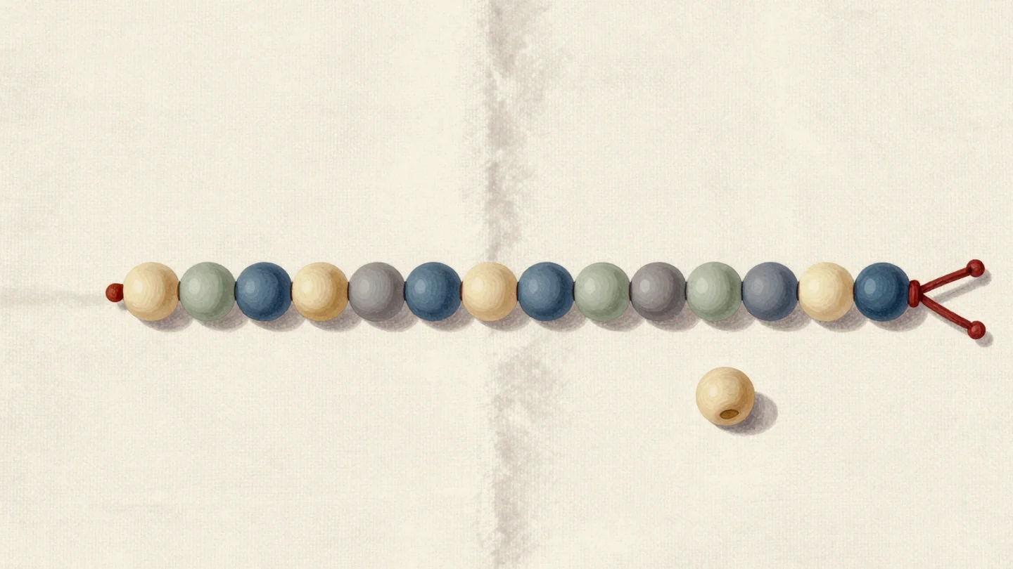 Gouache painting of a row of wooden beads on linen ending in a small vermilion knot, with the last bead sitting apart on the cloth