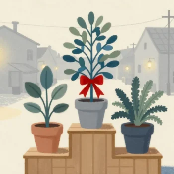 Gouache painting of three potted plants on a stepped stand with a vermilion rosette on the tallest