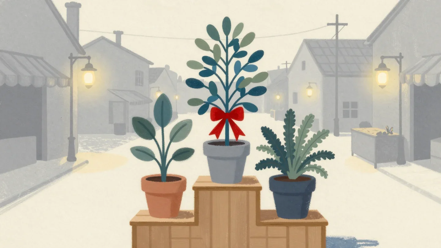 Gouache painting of three potted plants on a stepped stand with a vermilion rosette on the tallest