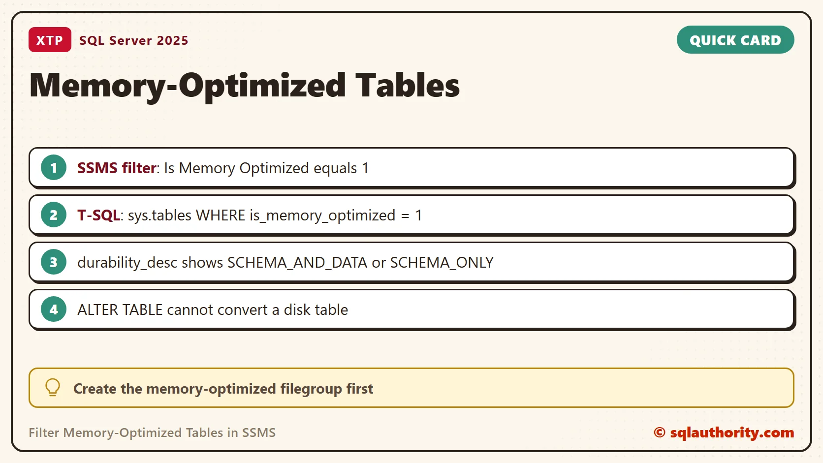 Quick reference card: Filter Memory-Optimized Tables in SSMS: SQL in Sixty Seconds #079