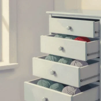 Gouache painting of a chest of drawers pulled partly open, each drawer holding a sage ball of yarn and one vermilion ball