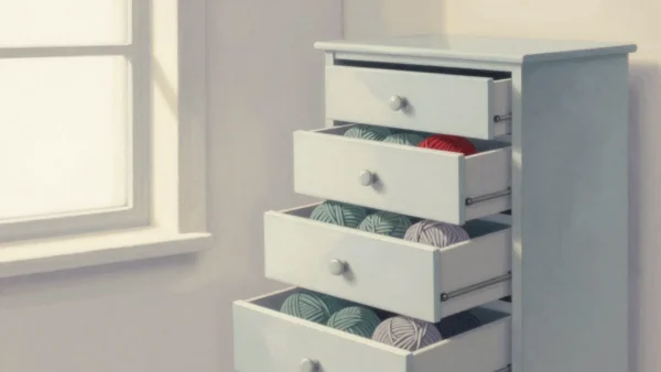 Gouache painting of a chest of drawers pulled partly open, each drawer holding a sage ball of yarn and one vermilion ball