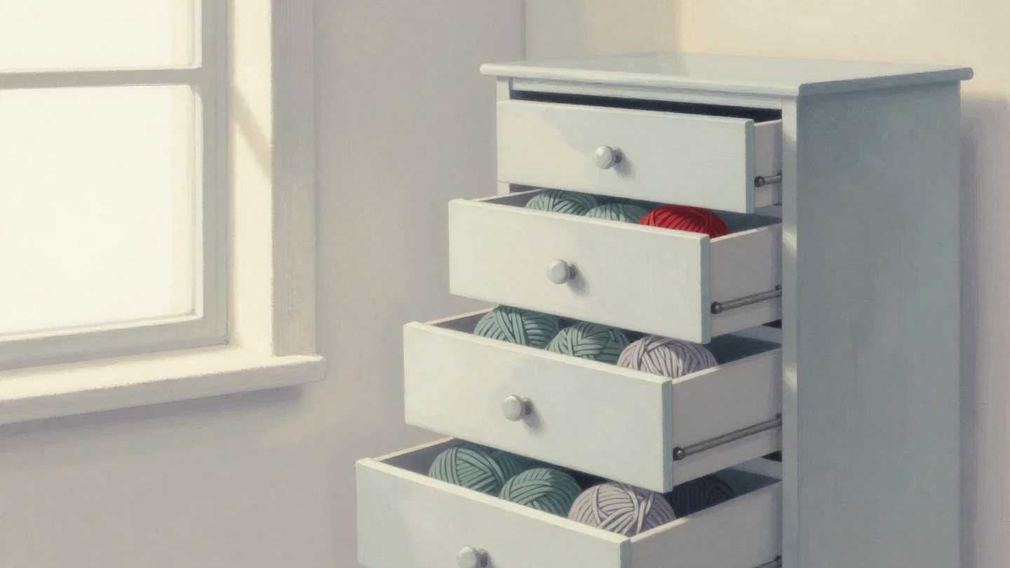 Gouache painting of a chest of drawers pulled partly open, each drawer holding a sage ball of yarn and one vermilion ball