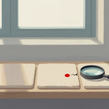 Gouache painting of a row of clay tiles with one cracked tile marked by a vermilion dot and a magnifying glass