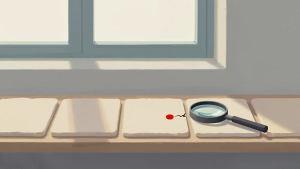 Gouache painting of a row of clay tiles with one cracked tile marked by a vermilion dot and a magnifying glass