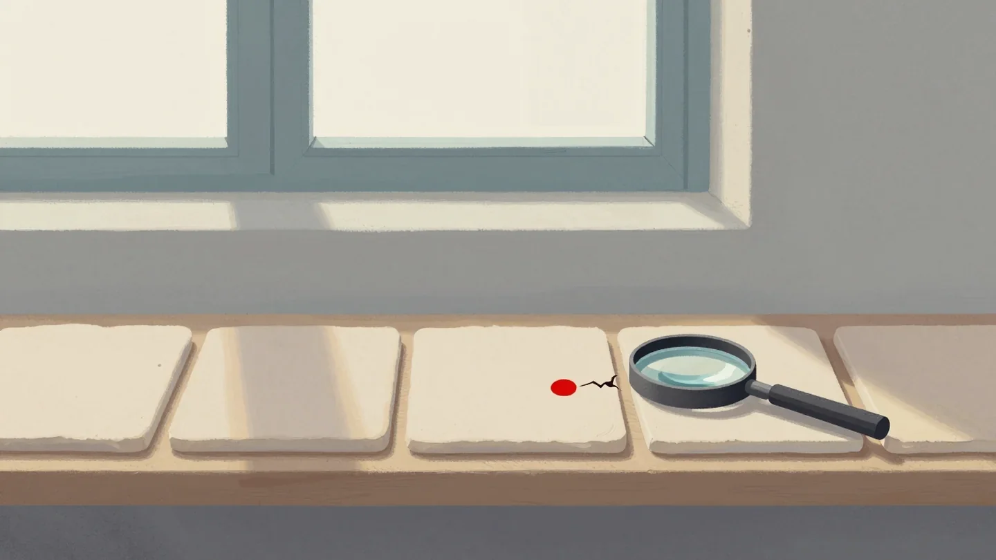 Gouache painting of a row of clay tiles with one cracked tile marked by a vermilion dot and a magnifying glass
