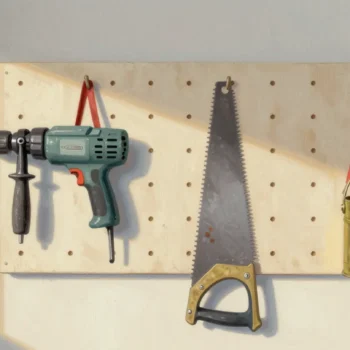 Gouache painting of old tools on a pegboard with a vermilion ribbon on the crank drill