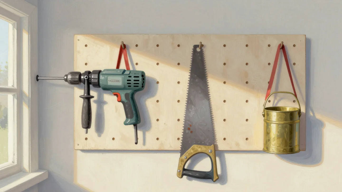 Gouache painting of old tools on a pegboard with a vermilion ribbon on the crank drill