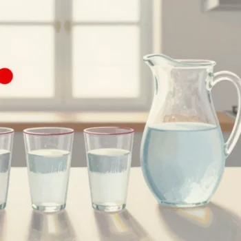 Gouache painting of five glasses of water at different levels with the fullest one rimmed in vermilion