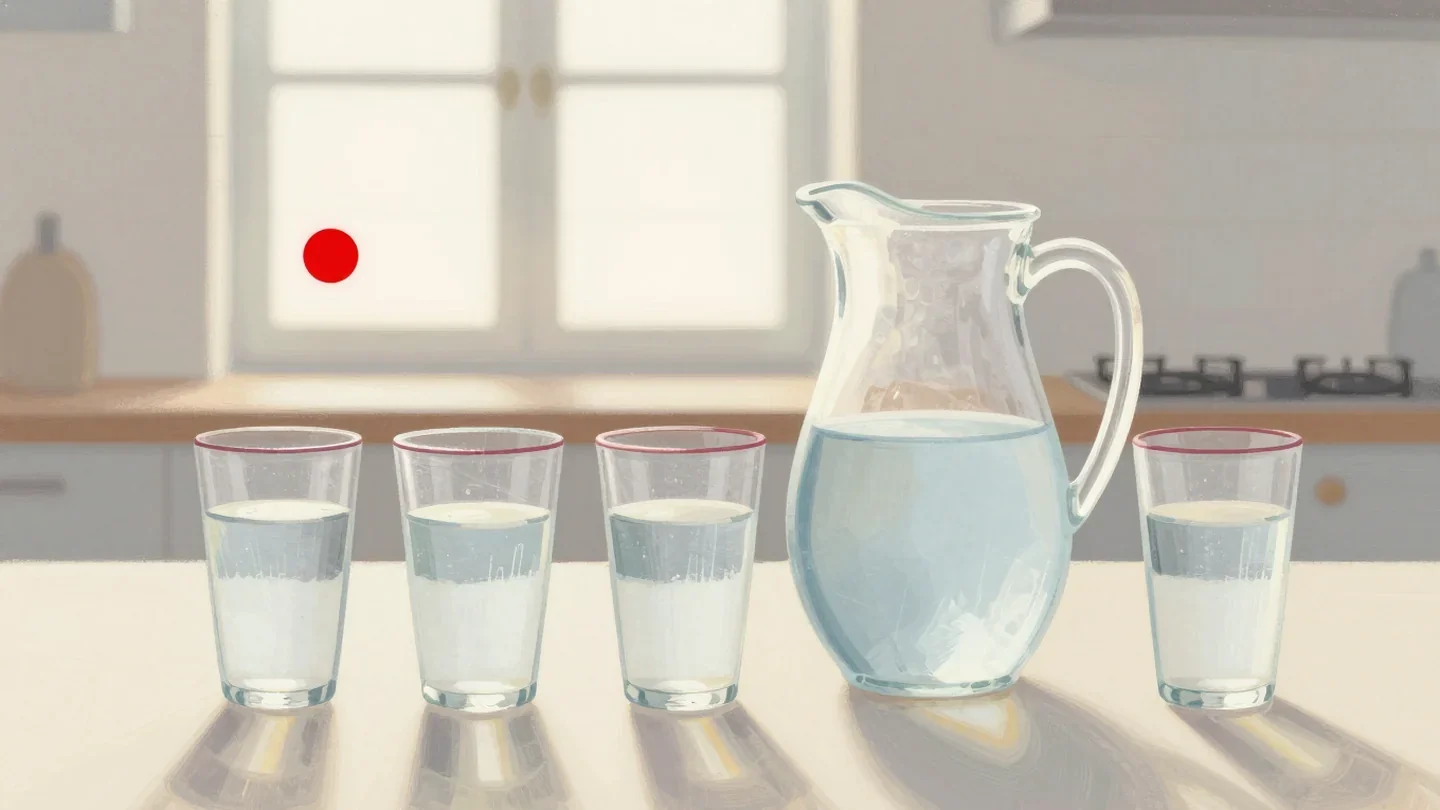 Gouache painting of five glasses of water at different levels with the fullest one rimmed in vermilion