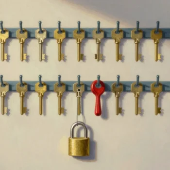 Gouache painting of two rows of brass keys on hooks, one key with a vermilion handle, and a brass padlock hanging below