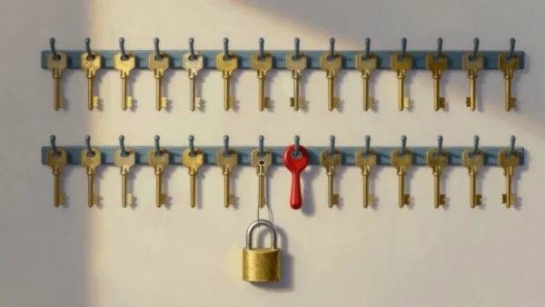 Gouache painting of two rows of brass keys on hooks, one key with a vermilion handle, and a brass padlock hanging below