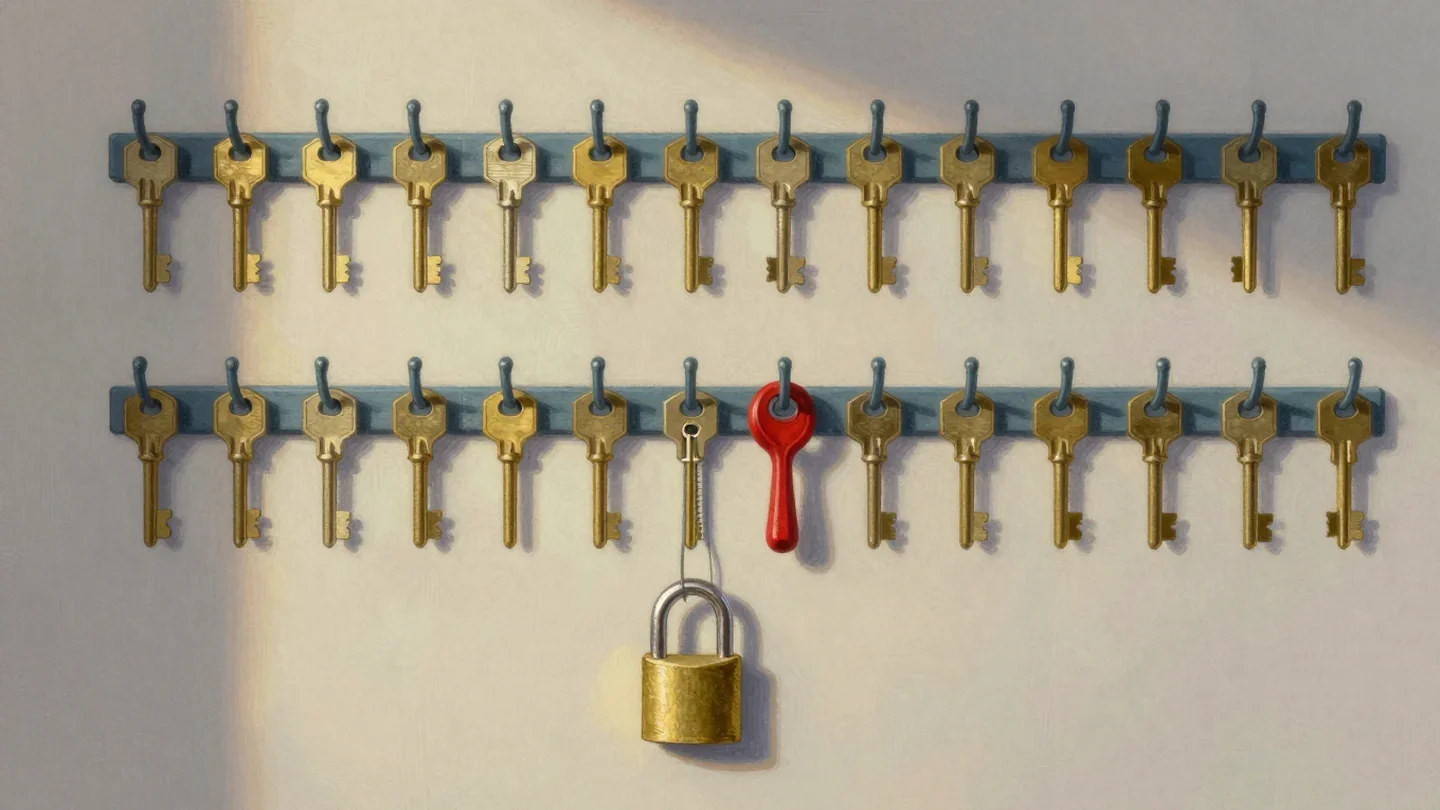 Gouache painting of two rows of brass keys on hooks, one key with a vermilion handle, and a brass padlock hanging below