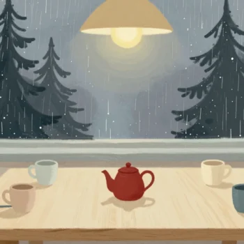 Gouache painting of a long cafe table of mismatched mugs and a red teapot by a rainy window with pine trees