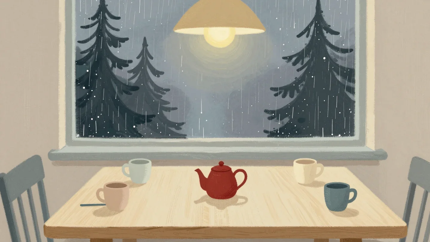 Gouache painting of a long cafe table of mismatched mugs and a red teapot by a rainy window with pine trees