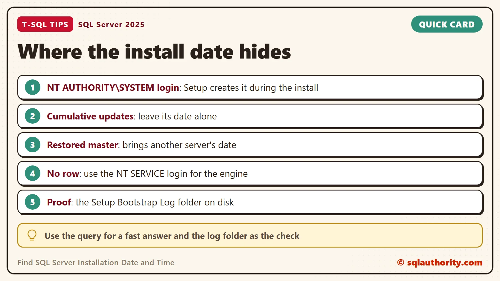 Quick card titled Where the install date hides: Setup creates the NT AUTHORITY SYSTEM login during the install; cumulative updates leave its date alone; a restored master brings another server's date; with no row, use the NT SERVICE login for the engine; the Setup Bootstrap Log folder on disk is the proof; tip: use the query for a fast answer and the log folder as the check