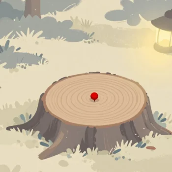 Gouache painting of a tree stump with growth rings and one red pin in the center ring
