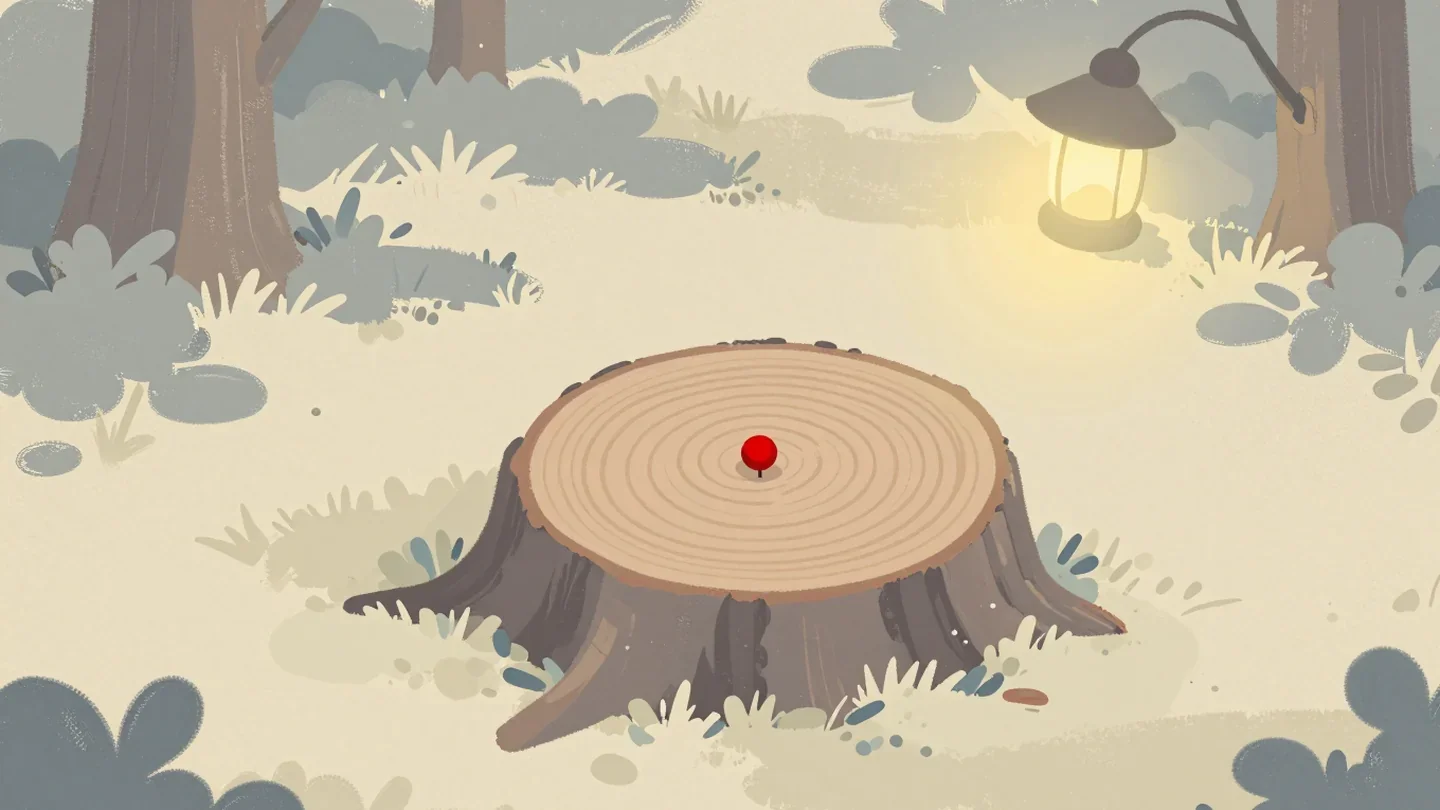 Gouache painting of a tree stump with growth rings and one red pin in the center ring