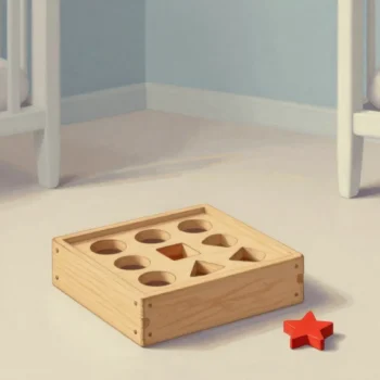 Gouache painting of a wooden shape sorter box with matching blocks and one vermilion star block beside it