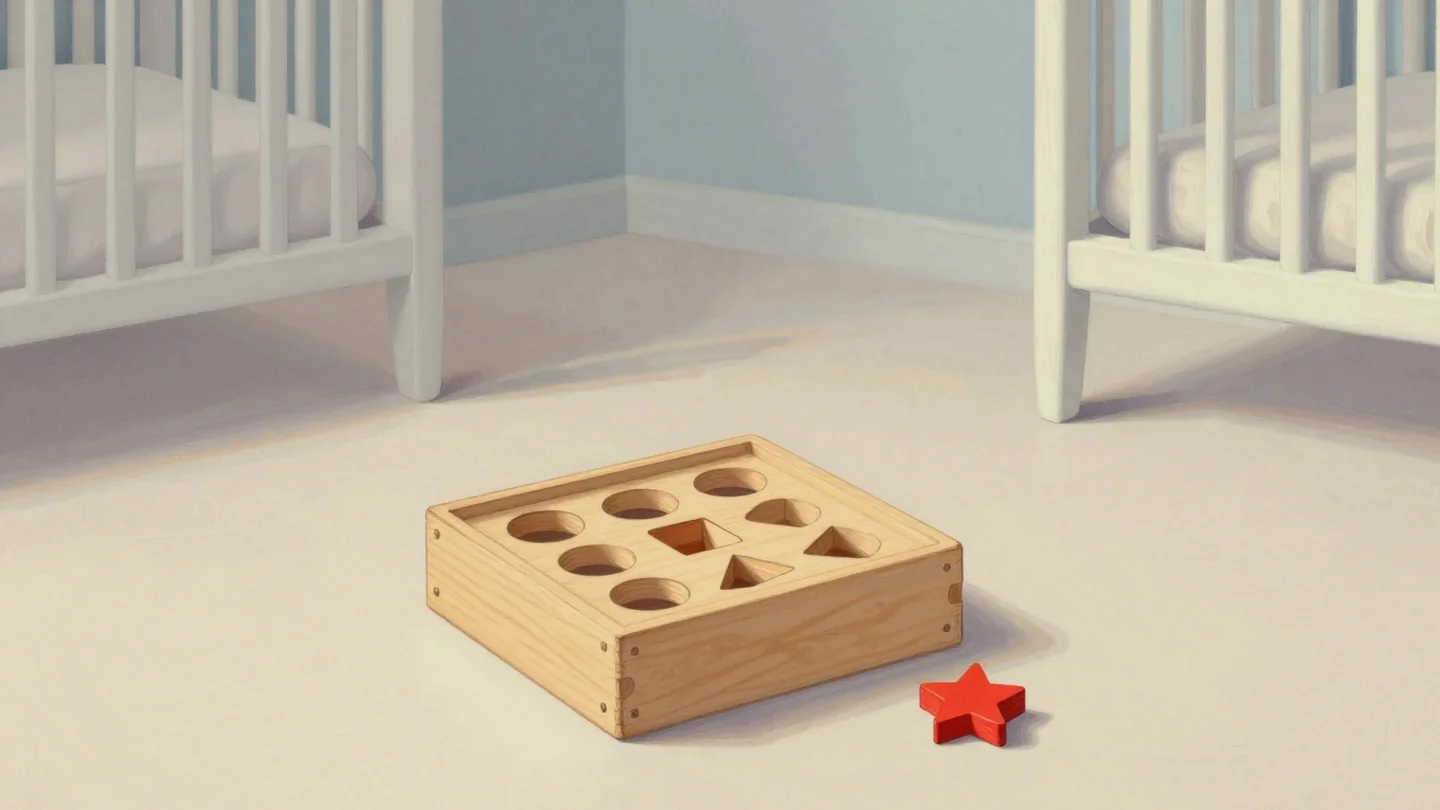 Gouache painting of a wooden shape sorter box with matching blocks and one vermilion star block beside it