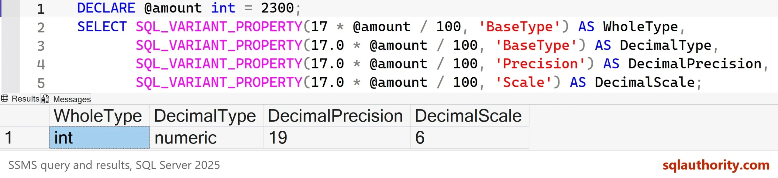 SSMS window with the five line SQL_VARIANT_PROPERTY query and a result grid with four columns: WholeType int, DecimalType numeric, DecimalPrecision 19 and DecimalScale 6