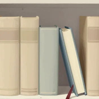 Gouache painting of a shelf of cloth-bound books with one book tilted out of the row and a vermilion ribbon bookmark hanging below it