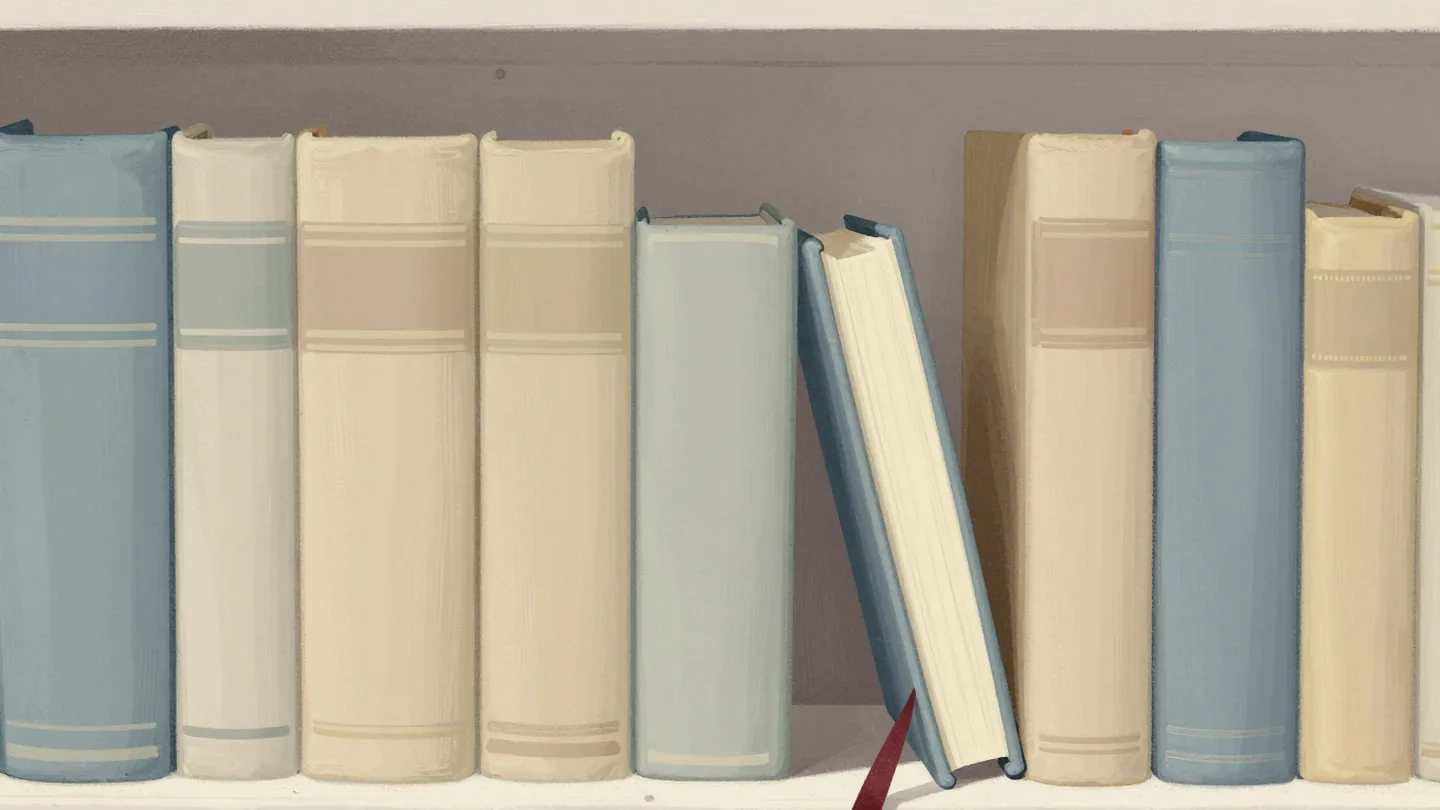 Gouache painting of a shelf of cloth-bound books with one book tilted out of the row and a vermilion ribbon bookmark hanging below it