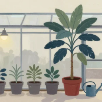Gouache painting of a row of small potted plants and one giant thirsty plant in a red pot beside an empty watering can