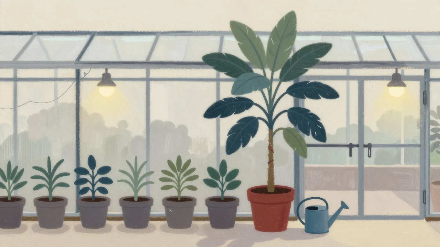 Gouache painting of a row of small potted plants and one giant thirsty plant in a red pot beside an empty watering can