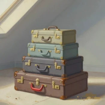 Gouache painting of a stack of dusty suitcases with a vermilion strap on the oldest one at the bottom