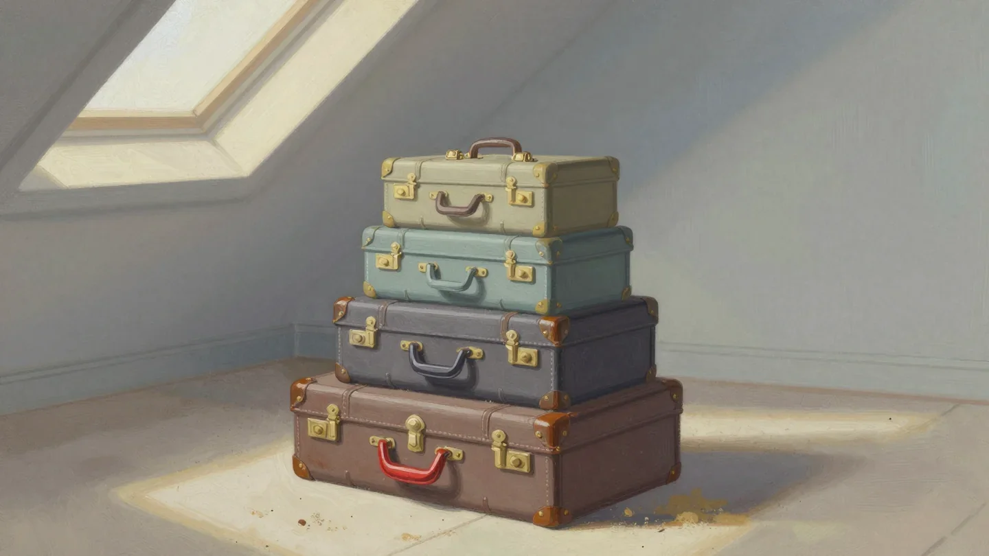 Gouache painting of a stack of dusty suitcases with a vermilion strap on the oldest one at the bottom
