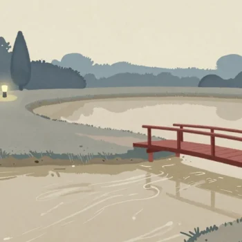 Gouache painting of a clear pond filling with silt from a muddy stream with a vermilion footbridge over it