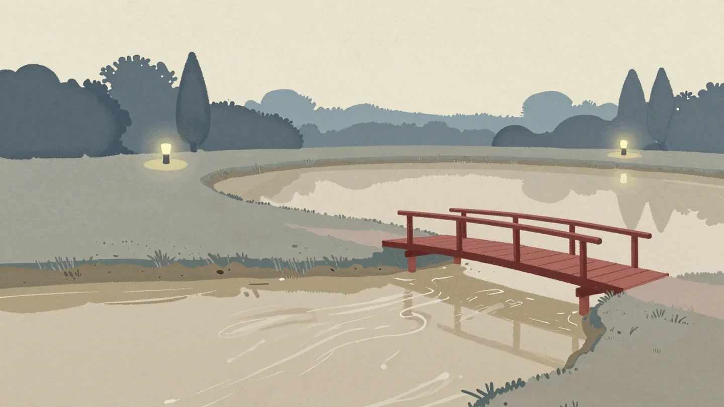 Gouache painting of a clear pond filling with silt from a muddy stream with a vermilion footbridge over it