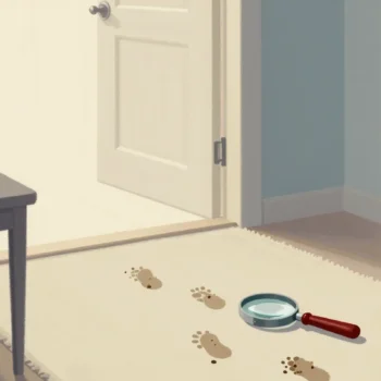 Gouache painting of dents in a hallway rug with muddy boot prints and a vermilion-handled magnifying glass